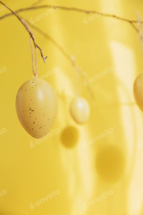 Preview: Tree branch decorated with Easter eggs on yellow background with sunlight