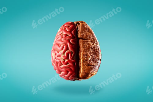 Preview: Creative brain stimulation concept. Half a human brain with half a coffee bean on a blue background.