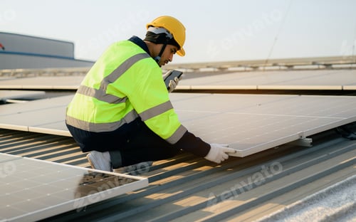 Preview: Man Inspects Solar Panels on Rooftop with Phone