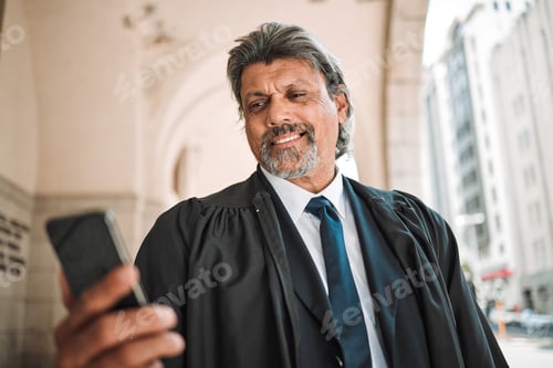 Preview: Phone, app and a senior man judge at court, outdoor in the city during recess from a legal case or