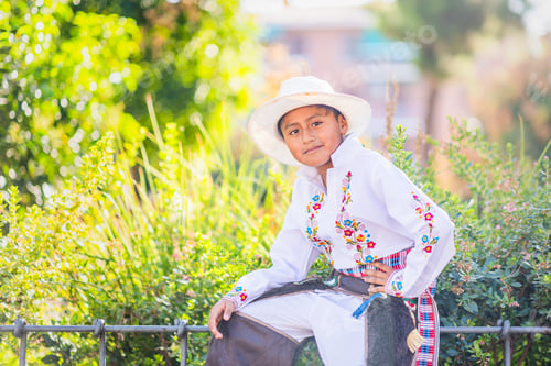 Preview: Young boy wearing traditional cayambe clothes celebrating national holiday. Dia de la hispanidad