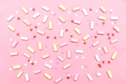 Preview: colorful sweet marshmallows and heart shaped confetti food.Valentines,womens day,birthday