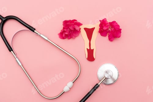 Preview: Stethoscope and Uterus Cutout with Pink Flowers on Pink Background - women's health and fertility