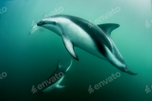 Preview: Dusky dolphins (Lagenorhynchus obscurus), swimming underwater, Kaikoura, Gisborne, New Zealand
