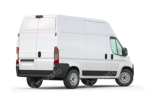 Preview: White van isolated on white. Rear view. Delivery and carrying transportation concept.