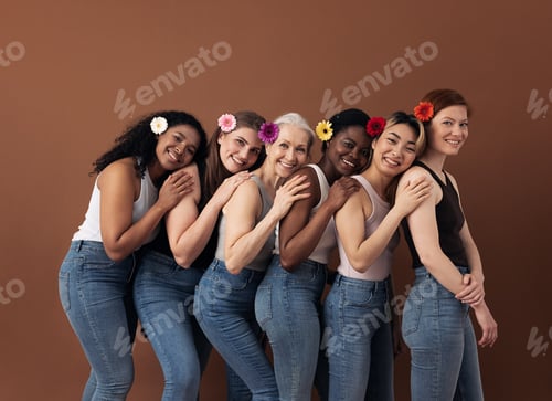 Preview: Group of six cheerful women with flowers in hair