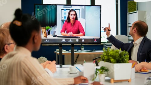 Preview: Woman ceo speaking at webcam during virtual business video presentation
