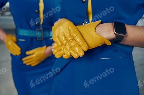 Preview: Two elegant Caucasian air hostesses standing outdoors