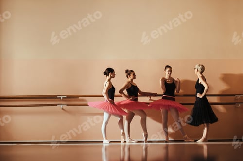 Preview: Female ballet dancers communicating with their teacher at ballet studio.