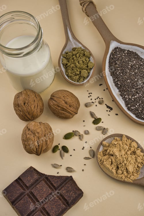 Preview: Probiotics and superfoods, high nutritional density. Vegan diets, healthy foods.