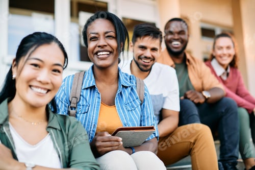 Preview: Multi-ethnic group of happy college students relaxing outdoors and looking at camera.