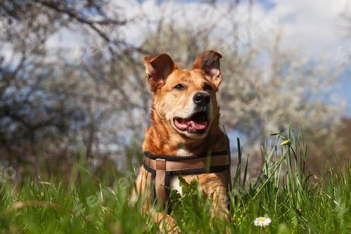 Preview: Happy red mixed breed dog in harness relaxing on grass with spring flowers.