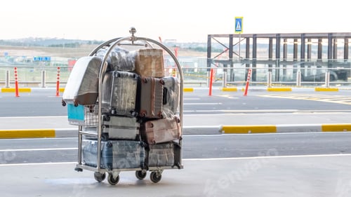 Preview: Porter cart full of suitcases by the road outside the airport