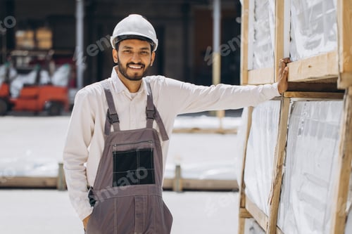 Preview: A Indian manager or employee in gray special uniform and a white hard hat stands smiling near cargo