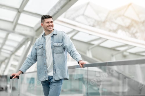 Preview: Happy Male Tourist Standing With Suitcase In Modern Airport