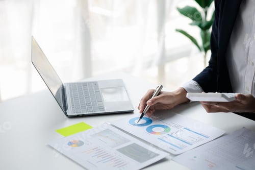Preview: A female financier is reviewing company financial documents.