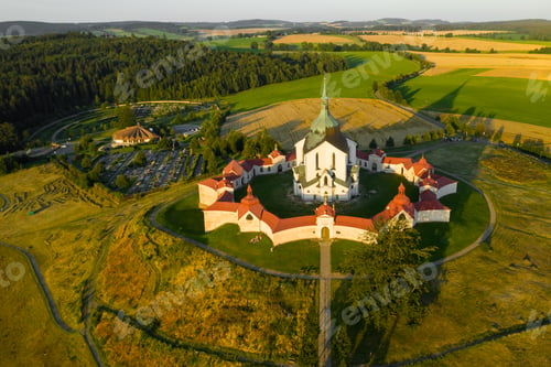 Preview: Aerial view of Pilgrimage Church of Saint John of Nepomuk on the Green Hill at sunset