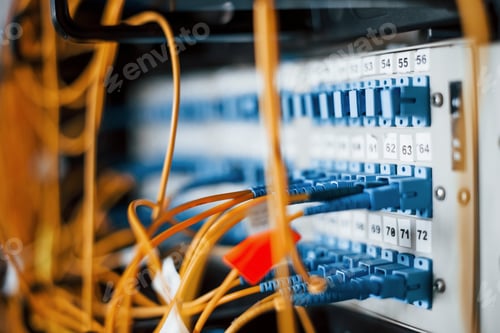 Preview: Close up view of internet equipment and cables in the server room