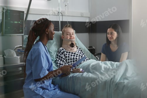 Preview: Unwell suffering kid recovering in pediatric hospital ward while resting in patient bed