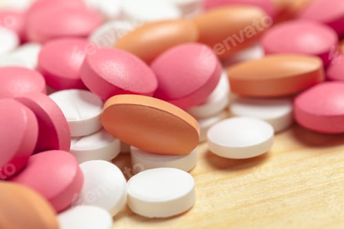 Preview: Assorted pharmaceutical medicine pills, tablets on wooden background