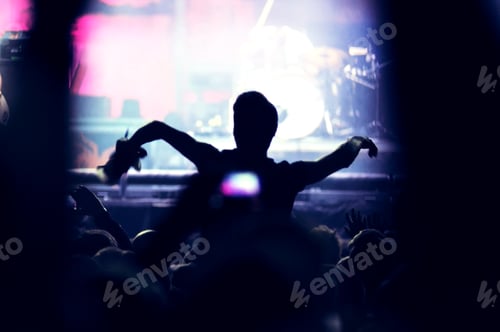 Preview: Crowd of People at a Music Concert, Audience Raising Hands Up