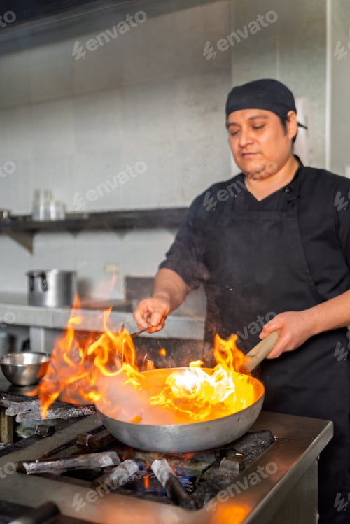 Preview: Peruvian chef preparing fish with flames in a restaurant kitchen