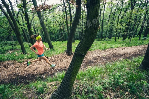 Preview: Young woman running in green forest. Endurance sport.