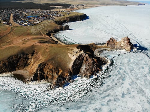 Preview: Beautiful aerial view of the village of Khuzhir, Cape Burhan or Shamanka Rock, Olkhon Island.