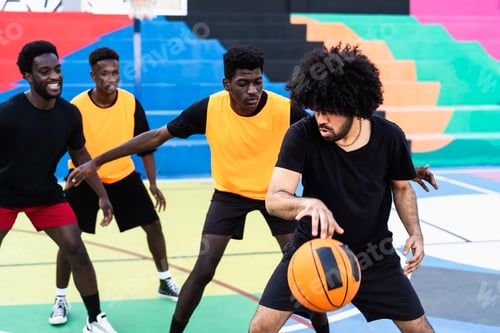 Preview: Young friends playing basketball outdoor - Urban sport lifestyle concept