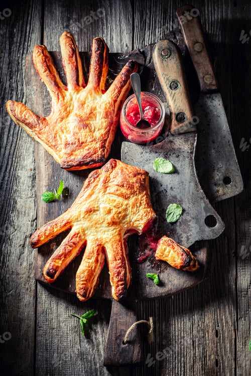 Preview: Strange hand cake with a chopper as concept of liking