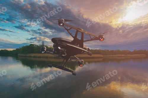 Preview: Beautiful morning over drone flying the sea a lake at sunset with colourful sky full of clouds