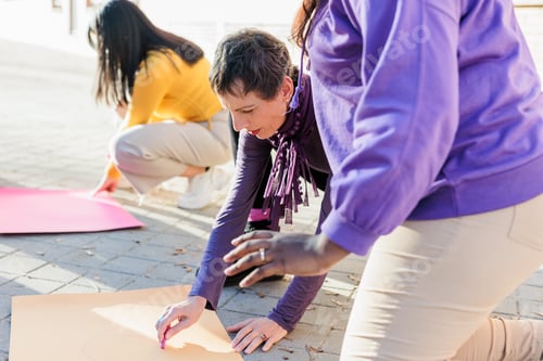 Preview: group of multicultural women prepare banner for 8 march break the bias womens international day
