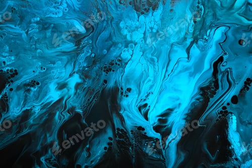 Preview: Fluid Art. Blue abstract wave swirls on black background. Marble effect background or texture