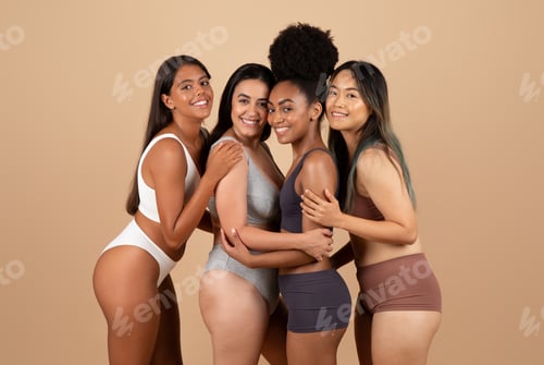 Preview: Four multiracial friends in underwear, showcasing diverse beauty