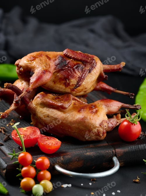 Preview: Frying carcasses of quails lie on a wooden board with vegetables