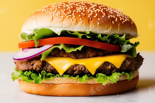 Preview: Homemade beef burger with vegetables on rustic serving board