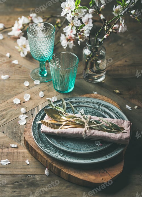 Preview: Spring Easter Table setting over vintage wooden background