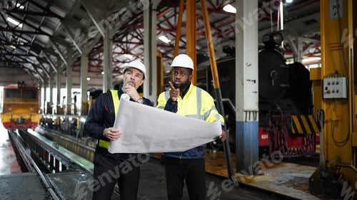 Preview: Portrait of engineer and apprentice in workshop of railway engineering facility