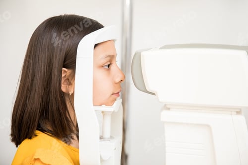 Preview: School girl looking at ophthalmoscope in eye clinic