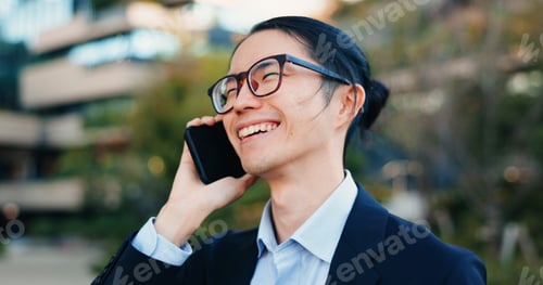 Preview: Phone call, city and business man laugh at funny feedback, discussion and chat about news, report o