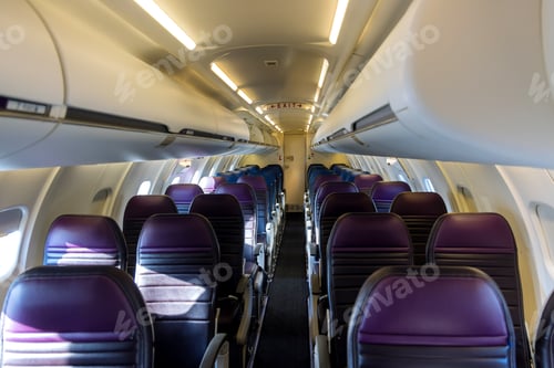 Preview: Empty airplane seats the cabin with armchairs in interior