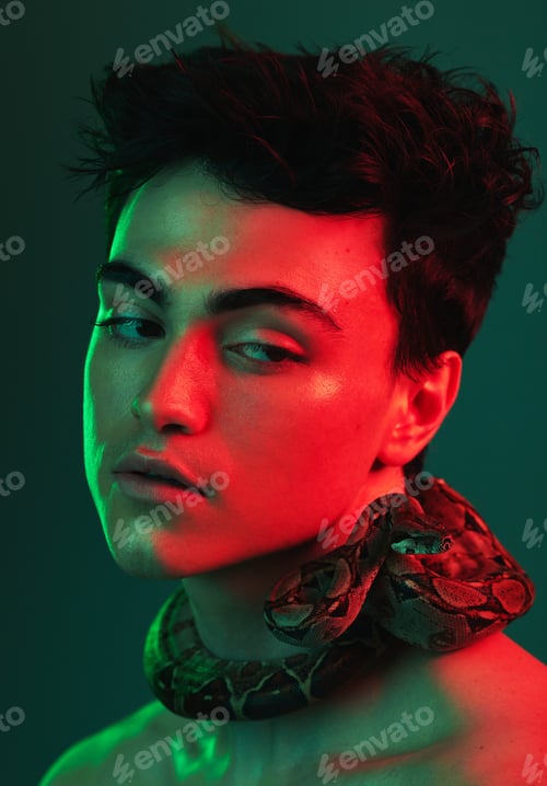 Preview: Beauty light, snake and face of model with creative color fashion, red neon lighting and luxury fac