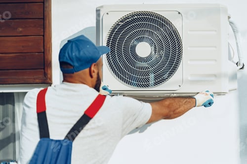 Preview: Repairman in uniform installing the outside unit of air conditioner