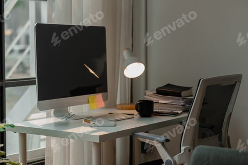 Preview: atmosphere inside office with desk, workplace with no people, computer monitor and some stack of doc