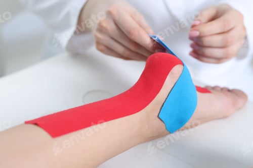 Preview: Doctor applying kinesio tapes to patient's foot in hospital, closeup