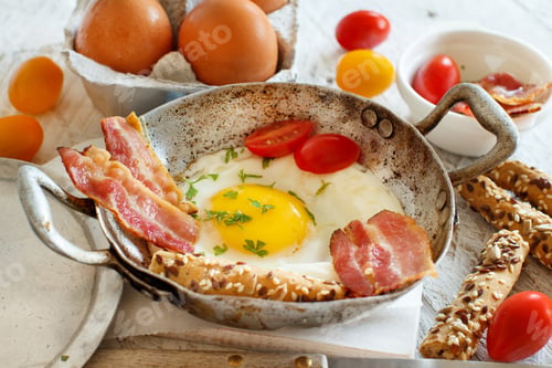 Preview: Breakfast with fried eggs and bacon - Continental breakfast