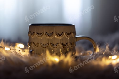 Preview: Beautiful cup on a blurred background in the dark with garlands.