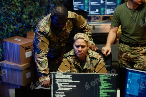 Preview: Serious female officer in camouflage uniform looking at computer screen