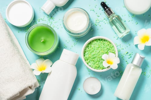 Preview: Spa background at blue, flat lay.