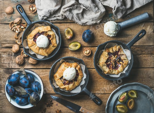 Preview: Plum and walnut crostata pie with ice-cream scoops